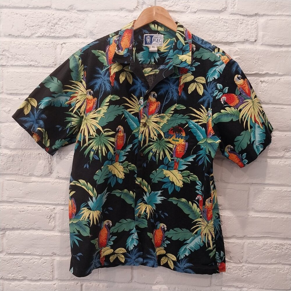 RJC Hawaiian Shirt Men XL Black Multicolor Parrot Key West Short Sleeve USA Made